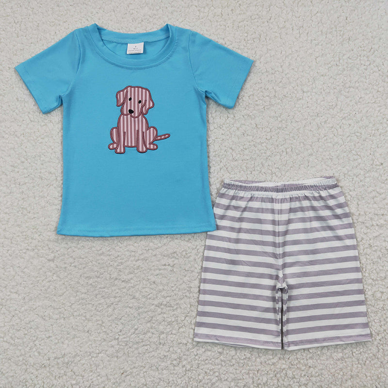 GSSO0223 Baby Girl Embroidery Dog Short Sleeves Pink Shirt Striped Ruffle Shorts Summer Outfit