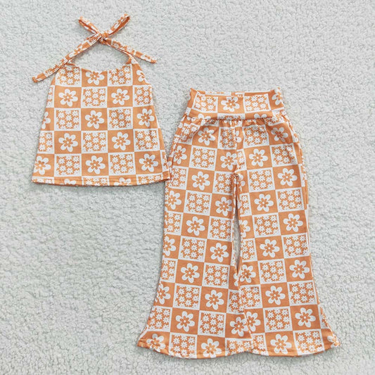 GSPO0519 Baby Girl Floral Halter Top Orange Bell Pants Outfit