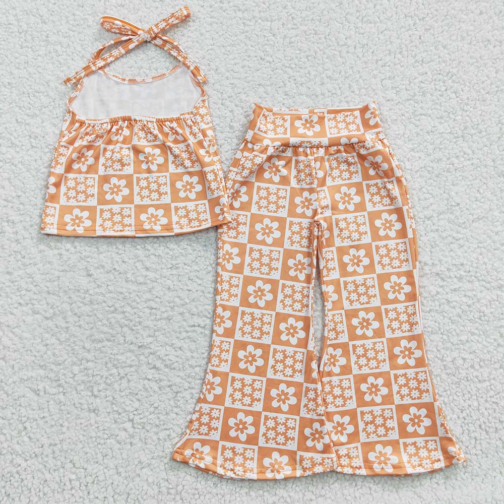 GSPO0519 Baby Girl Floral Halter Top Orange Bell Pants Outfit