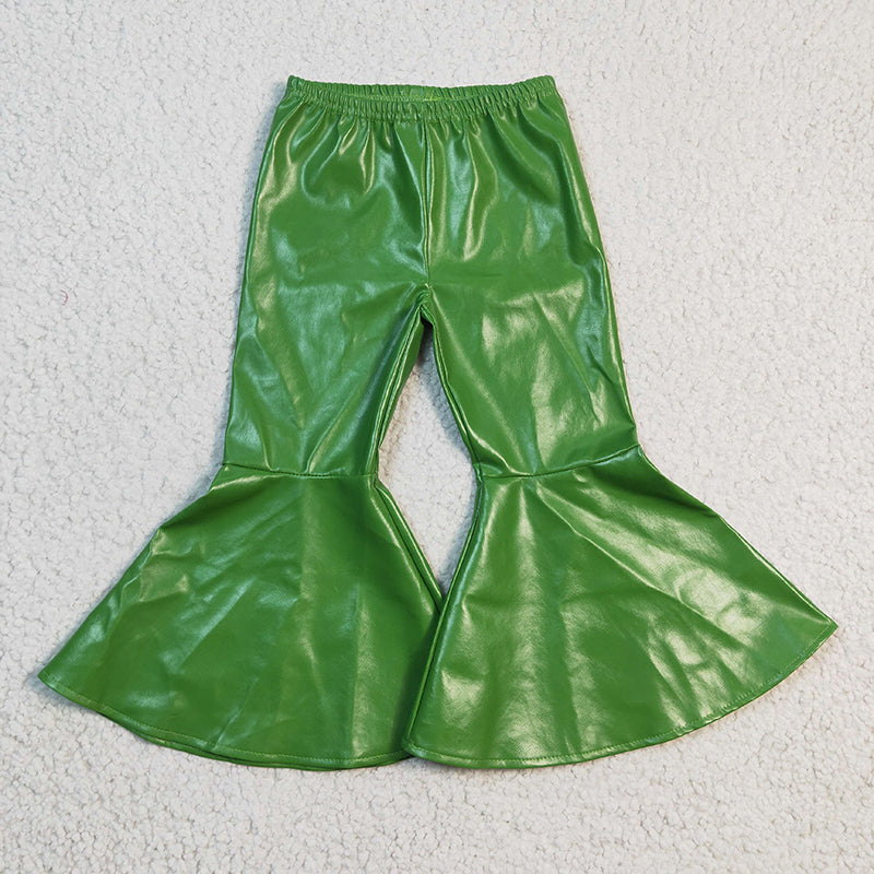 P0051 Baby Girl Green Leather Bell Bottom Pants