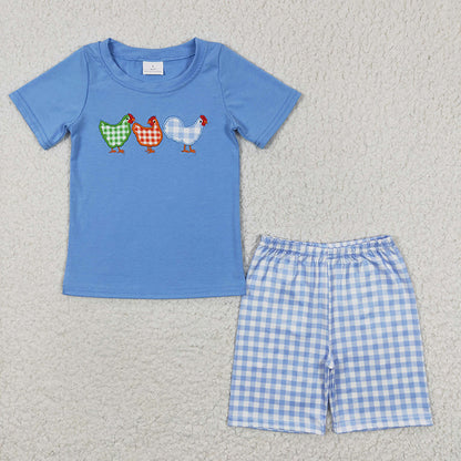 GSSO0211 Baby Girl Short Sleeves Embroidery Chicken Shirt Plaid Shorts Summer Blue Outfit