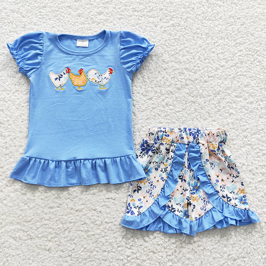 GSSO0211 Baby Girl Short Sleeves Embroidery Chicken Shirt Plaid Shorts Summer Blue Outfit