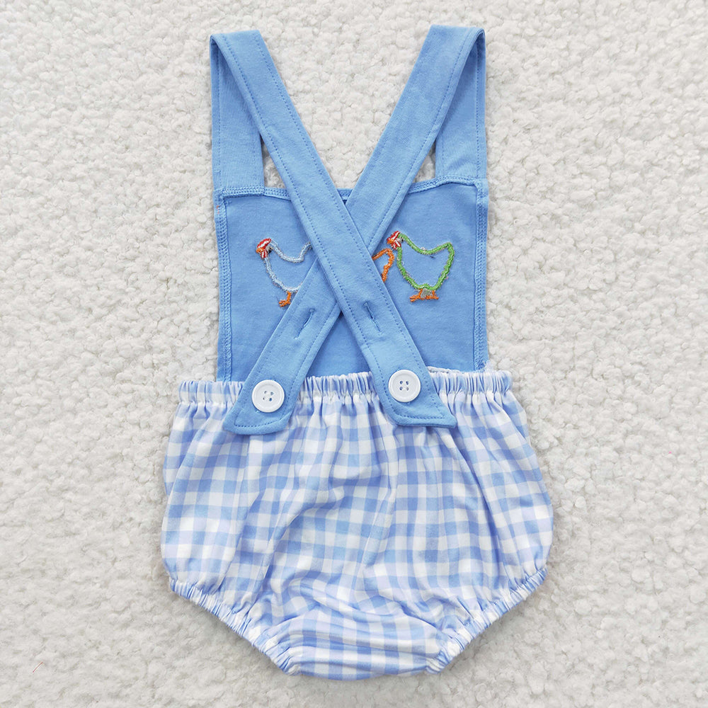 SR0286 Baby Boy Embroidery Chicken Summer Blue Plaid Cotton Bubble Romper