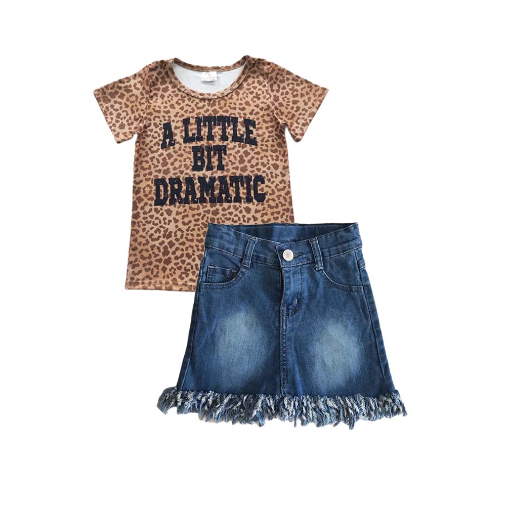 Baby Girl Summer Short Sleeves A Little Bit Bramatic Leopard Shirt Denim Skirt Outfit