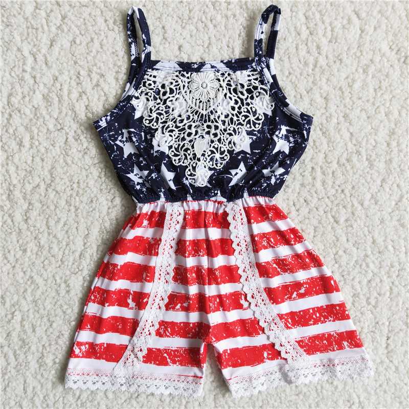 Baby Girl 4th of July Star Striped Lace Jumpsuit
