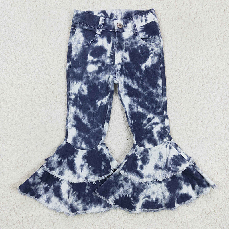 P0035 Baby Girl Blue Tie Dye Ruffle Bell Denim Pants Jeans