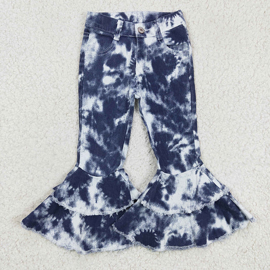 P0035 Baby Girl Blue Tie Dye Ruffle Bell Denim Pants Jeans