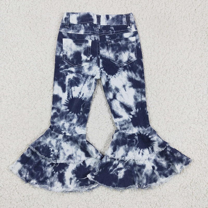 P0035 Baby Girl Blue Tie Dye Ruffle Bell Denim Pants Jeans