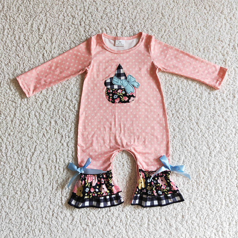 LR0147 Baby Girl Embroidery Halloween Pumpkin Pink Floral Romper