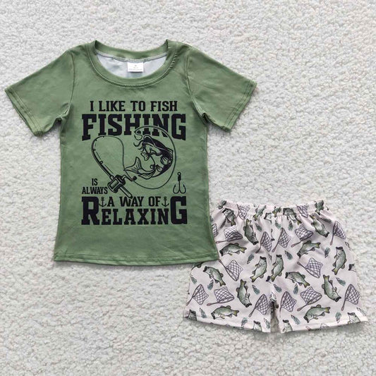 BSSO0257 Baby Boy Summer Green Short Sleeves Fishing Shirt Shorts Outfit