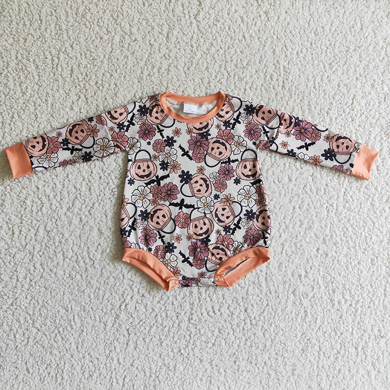 LR0159 Halloween Pumpkin Flower Kids Girl Romper