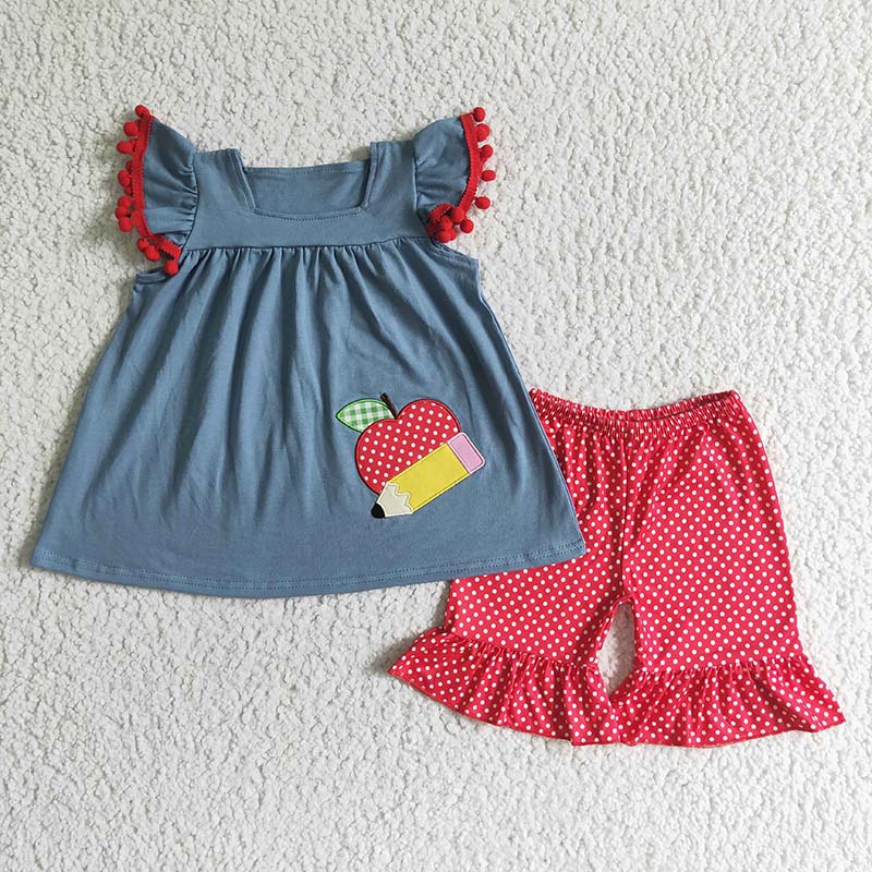 GSSO0120 Baby Girl Summer Embroidery Apple Pencil Shorts Outfit