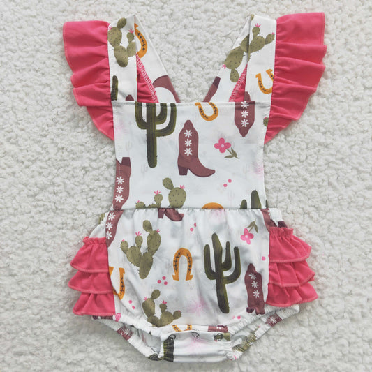 SR0384 Baby Girl Western Cactus Boots Summer Ruffle Bubble Romper