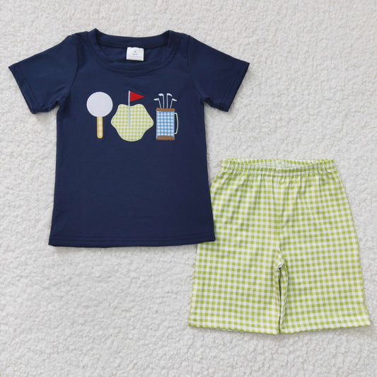 BSSO0135 Summer Baby Boy Embroidery Golf Short Sleeves Shirt Plaid Shorts Outfit