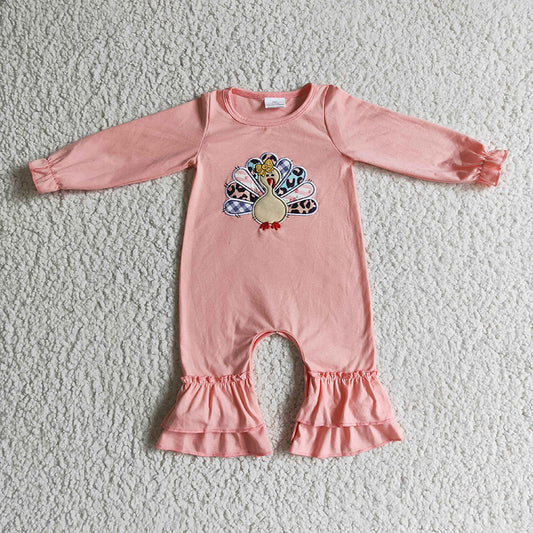LR0146 Baby Girl Embroidery Thanksgiving turkey Pink Romper
