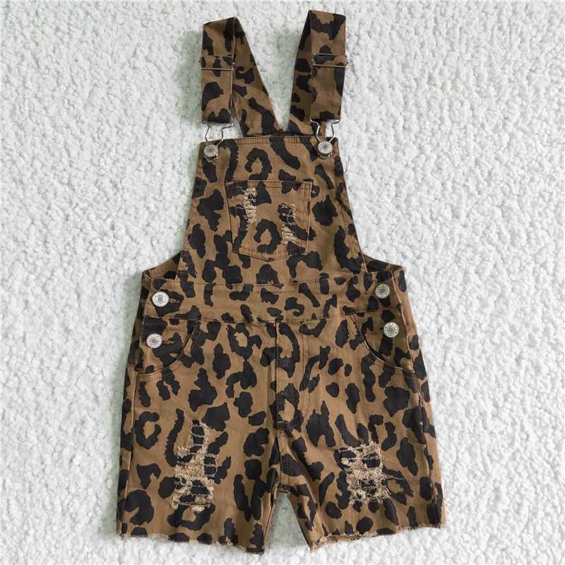 SS0018 Summer Baby Denim Leopard Shorts Overalls