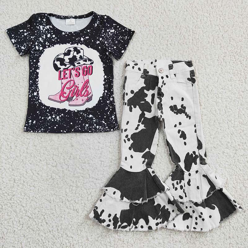 Baby Girl Western Boots Short Sleeves Shirt Cow Print Denim Pants Outfit