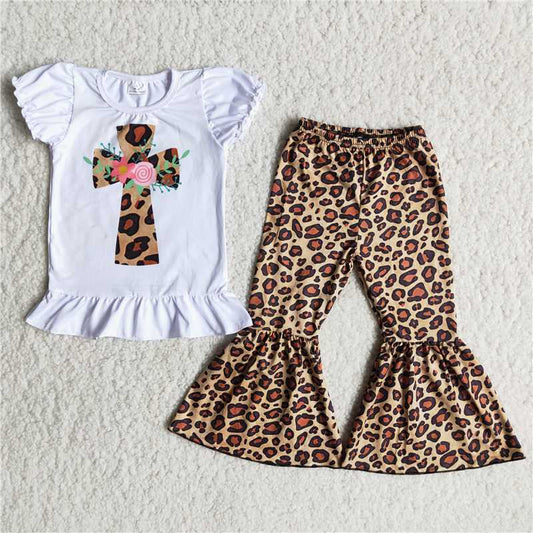 A8-15 Easter Baby Girl Leopard Cross Bell Pants Outfit