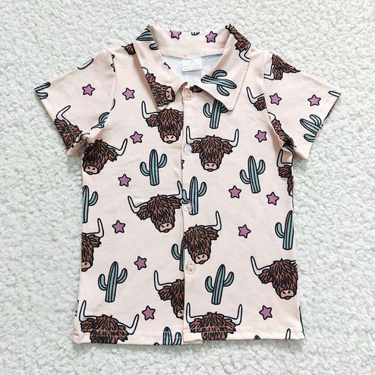 BT0133 Baby Boy Western Cow Cactus Summer Button Up Shirt