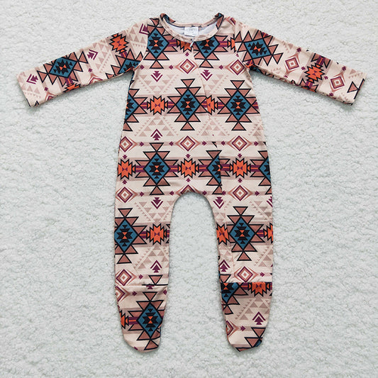 LR0255 Baby Kids Newborn Western Aztec Zipper Romper Footed Coverall