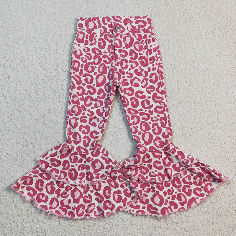 P0044 Baby Girl Pink Leopard Denim Double Ruffle Valentine's Jeans Bell Pants