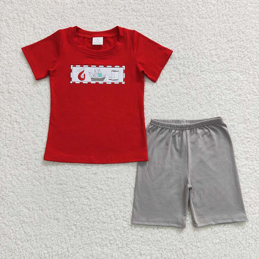 BSSO0144 Summer Baby Boy Short Sleeves Crawfish Embroidery Cotton Shirt Shorts Outfit