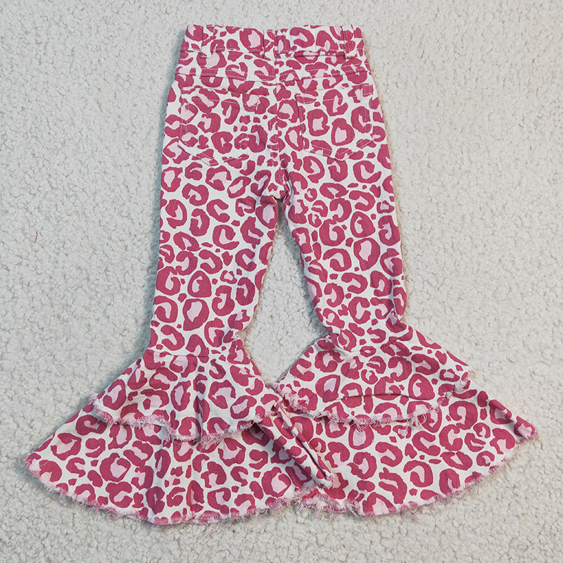 P0044 Baby Girl Pink Leopard Denim Double Ruffle Valentine's Jeans Bell Pants