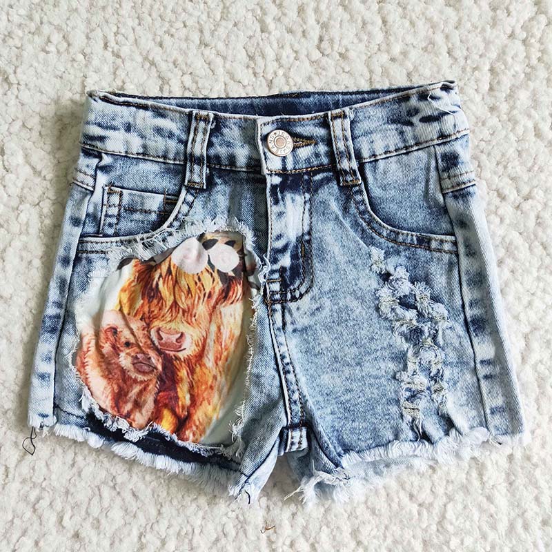 SS0024 Summer Baby Girl Western Cow Denim Shorts