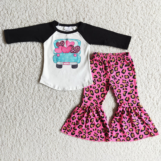 6 B7-24 Baby Girl Kids Love Heart Car Leopard Bell Pants Valentine's Outfit