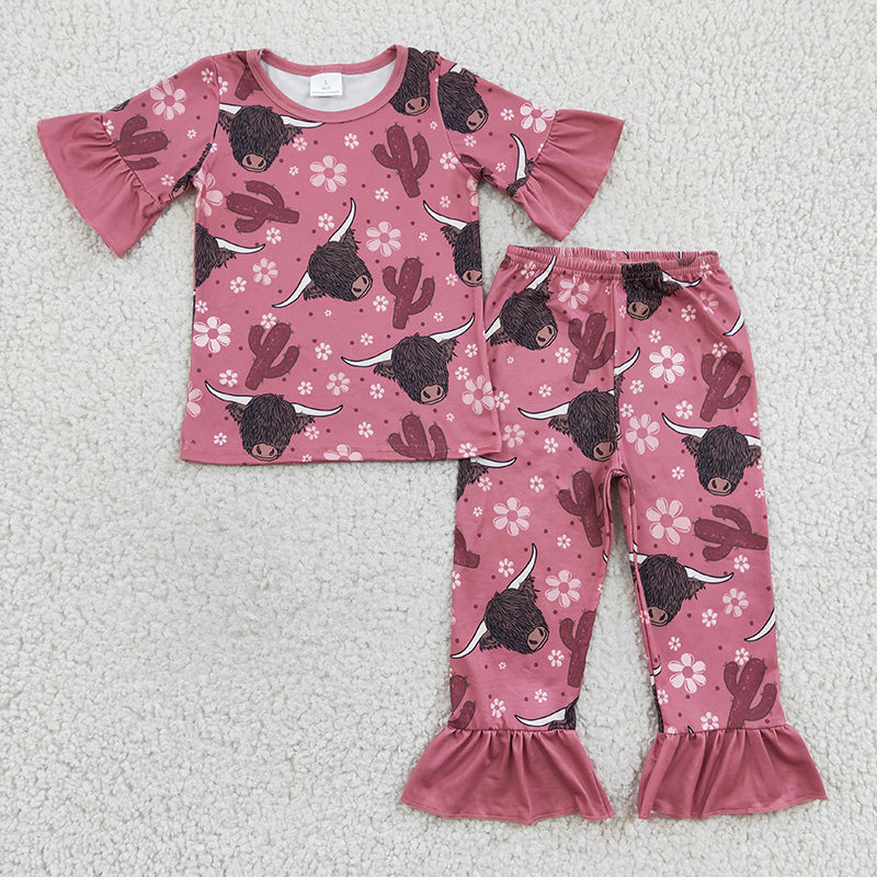 GSPO0326 Baby Girl Western Cow Cactus Pants Outfit Short Sleeves Pajamas