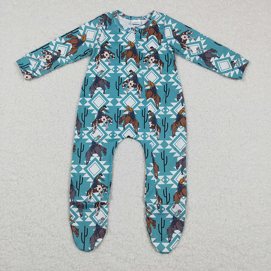 LR0248 Baby Kids Horse Cactus Newborn Western Zipper Romper Footed Coverall