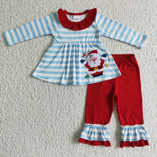 GLP0175 Christmas Kids Baby Girl Blue Stripe Embroidery Santa Outfit Pajamas