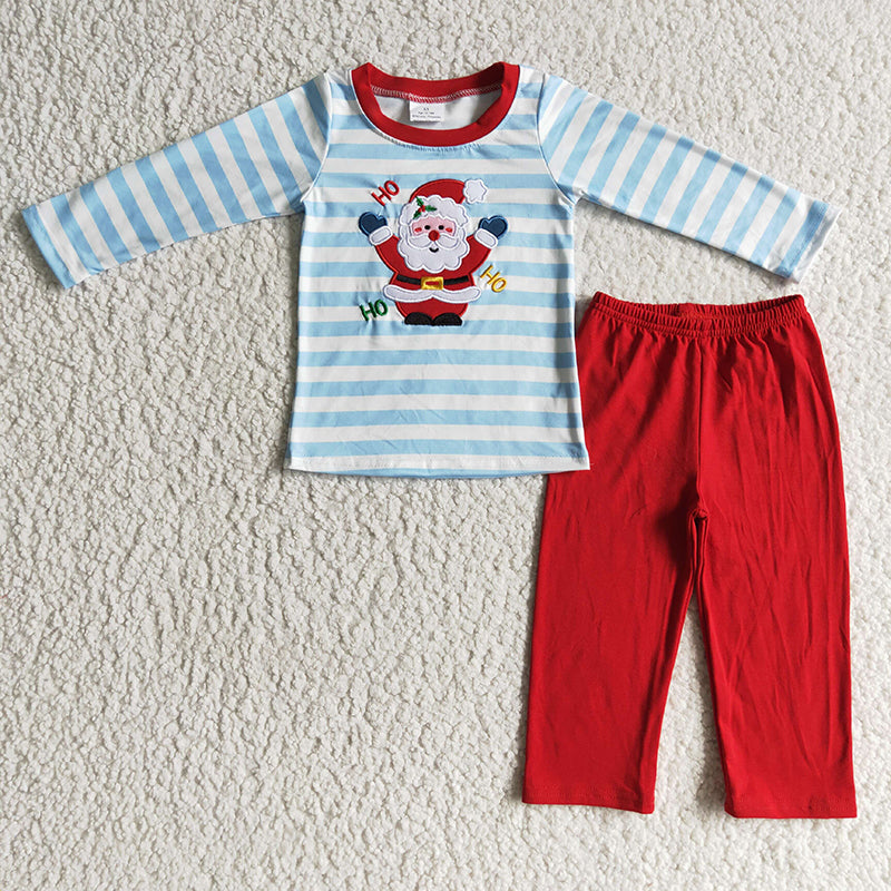 GLP0175 Christmas Kids Baby Girl Blue Stripe Embroidery Santa Outfit Pajamas