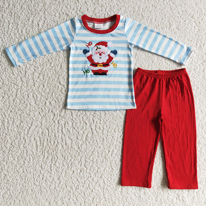 GLP0175 Christmas Kids Baby Girl Blue Stripe Embroidery Santa Outfit Pajamas