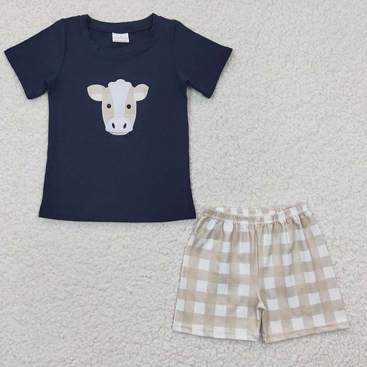 A14-11 Baby Boy Cow Embroidery Plaid Shorts Summer Outfit