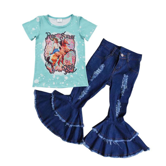 Baby Girl Western Rodeo Shirt Blue Denim Jeans Pants Outfit