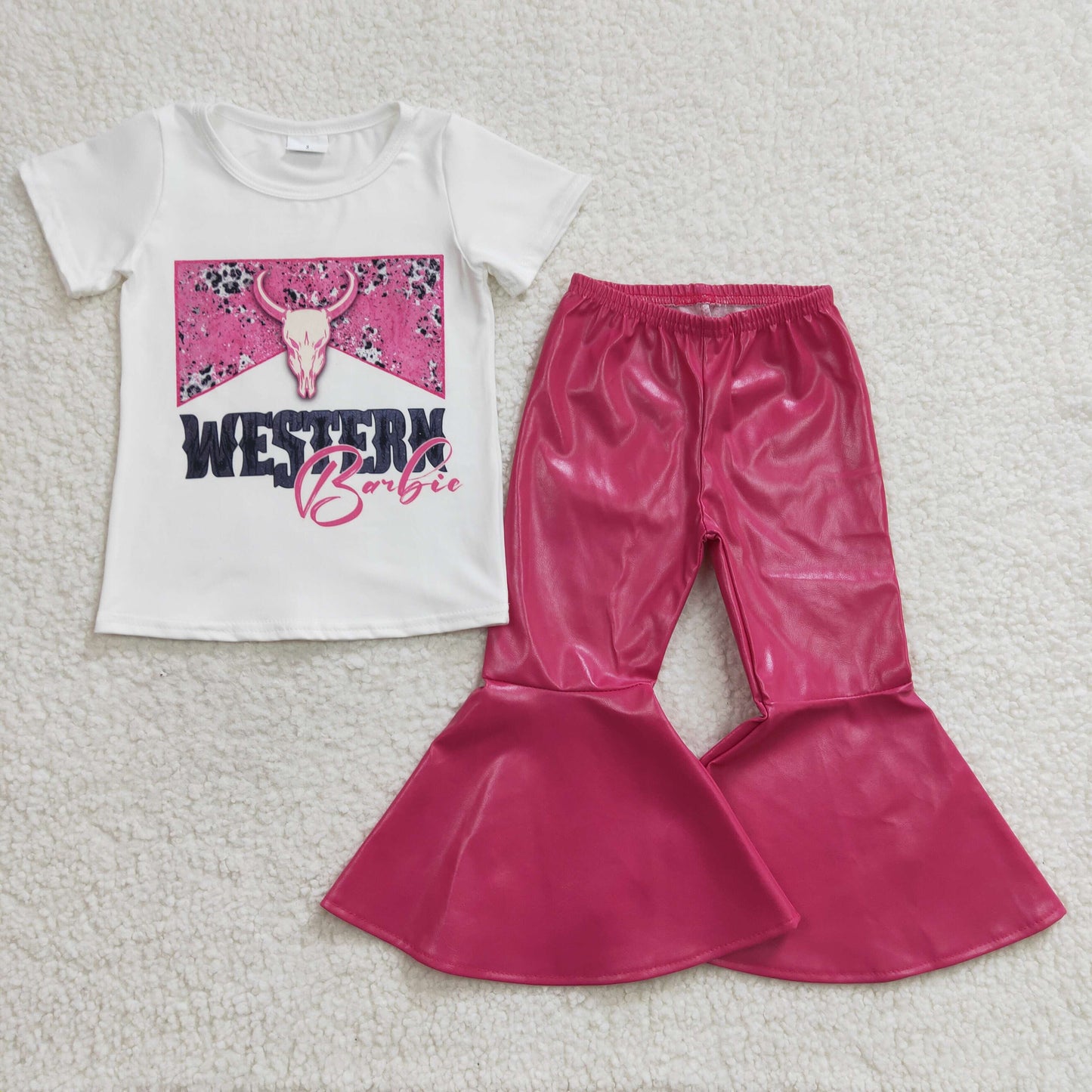 Baby Girl Western Cow Short Sleeves Shirt Leather Bell Pants Outfit
