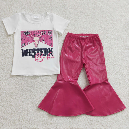 Baby Girl Western Cow Short Sleeves Shirt Leather Bell Pants Outfit