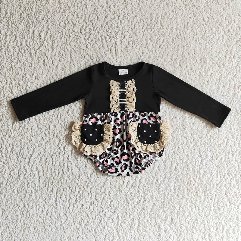 LR0167 Newborn Baby Girl Leopard Pocket Long Sleeve Romper