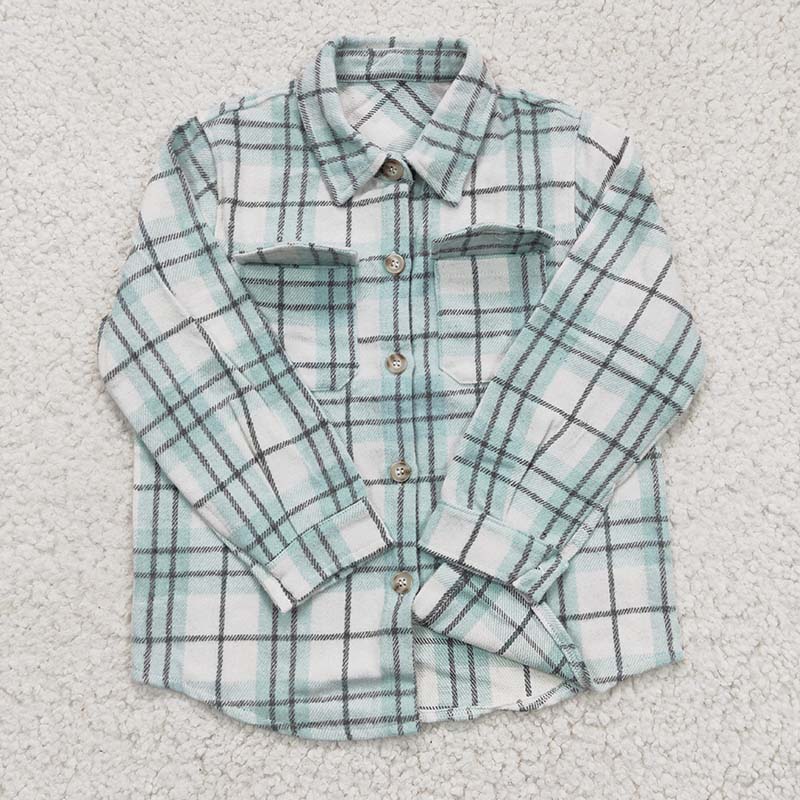 BT0169 Baby Girl Kids Green Plaid Cotton Pocket Flannel Button Up Shirt