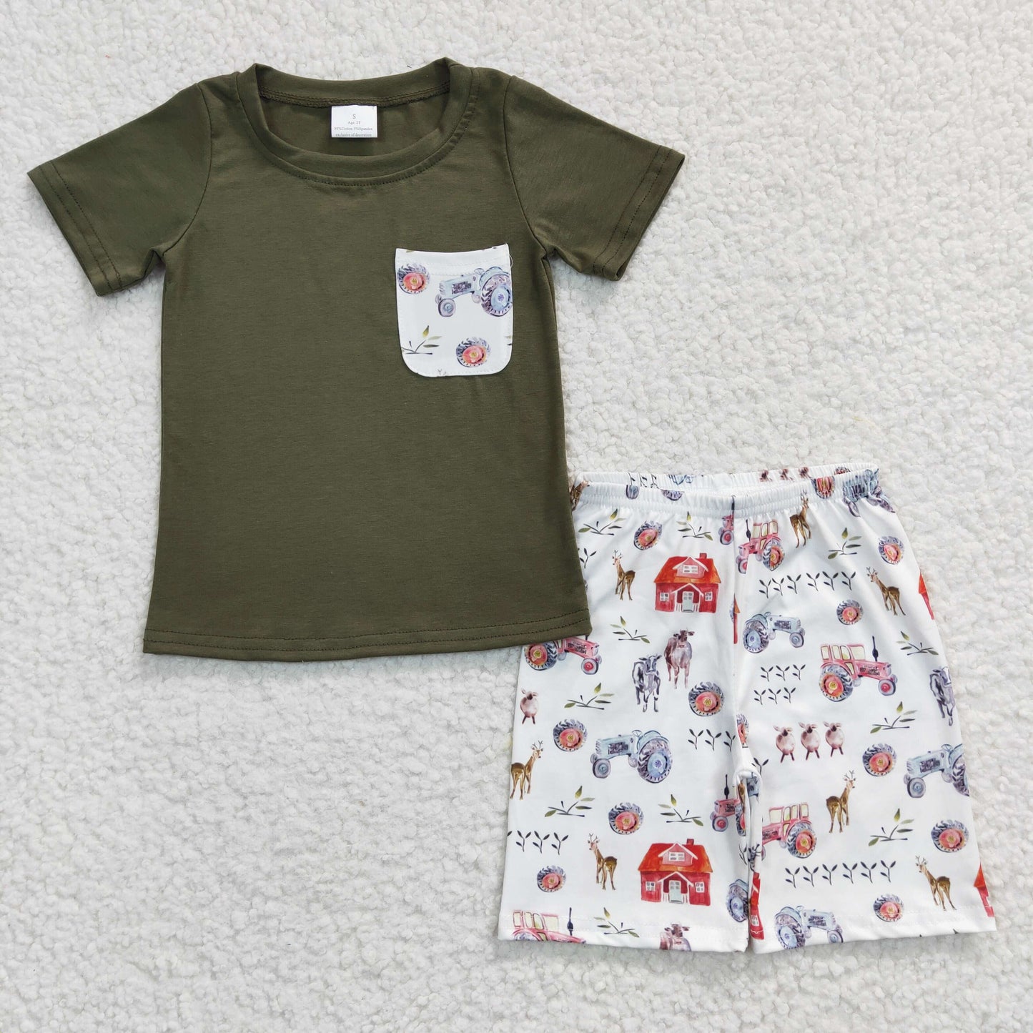 BSSO0131 Baby Boy Farm Green Short Sleeves Pocket Shirt Cow Tractor Shorts Summer Outfit