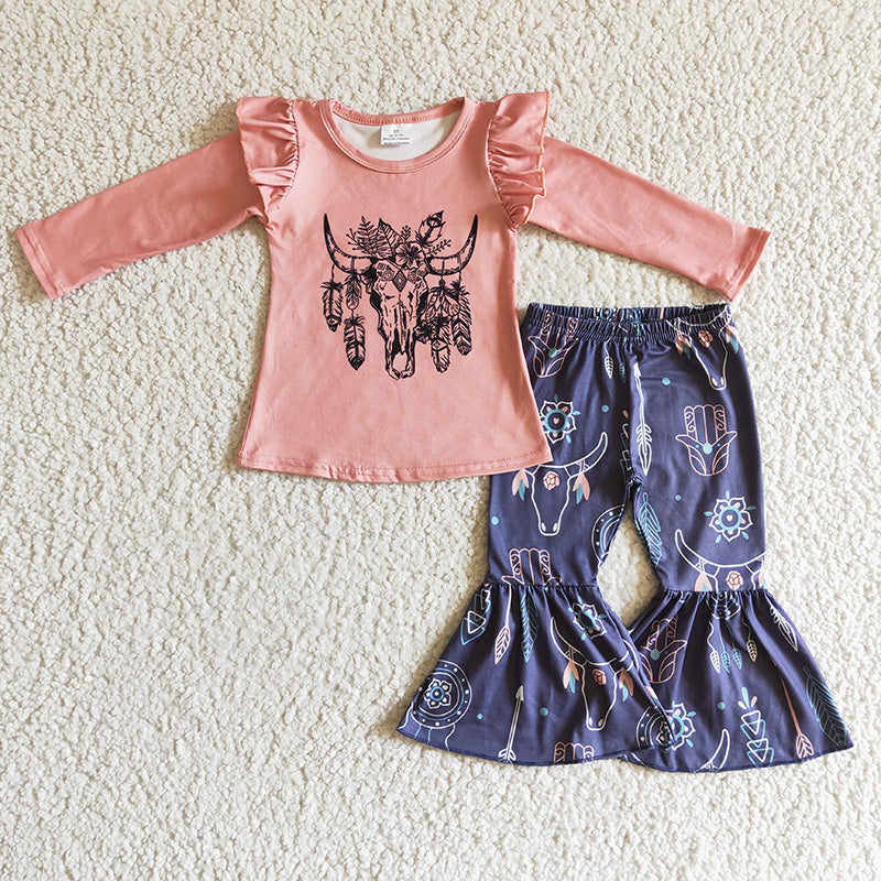 GLP0282 Western Bull skull feather kids Baby girl set