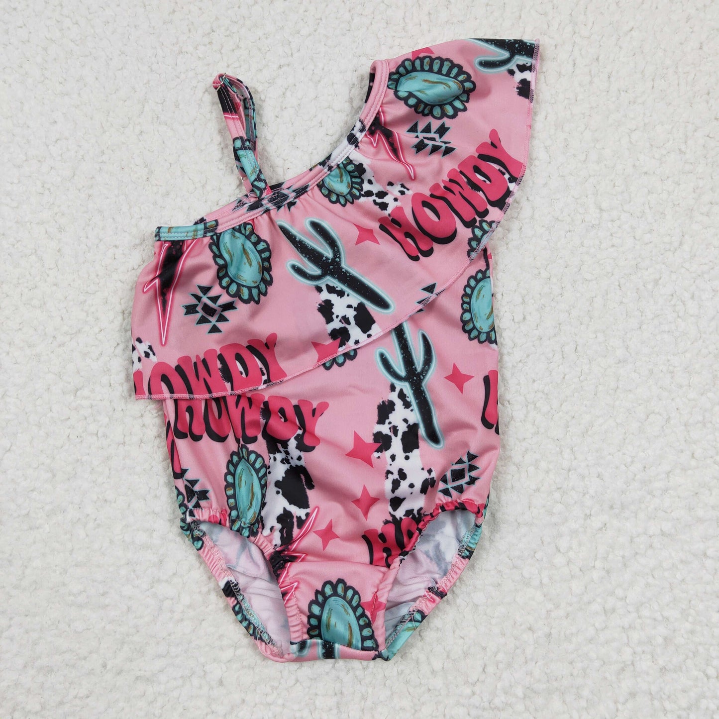 S0092 Baby Girl Bathing Suit Howdy Western Cow One Piece Swimsuit
