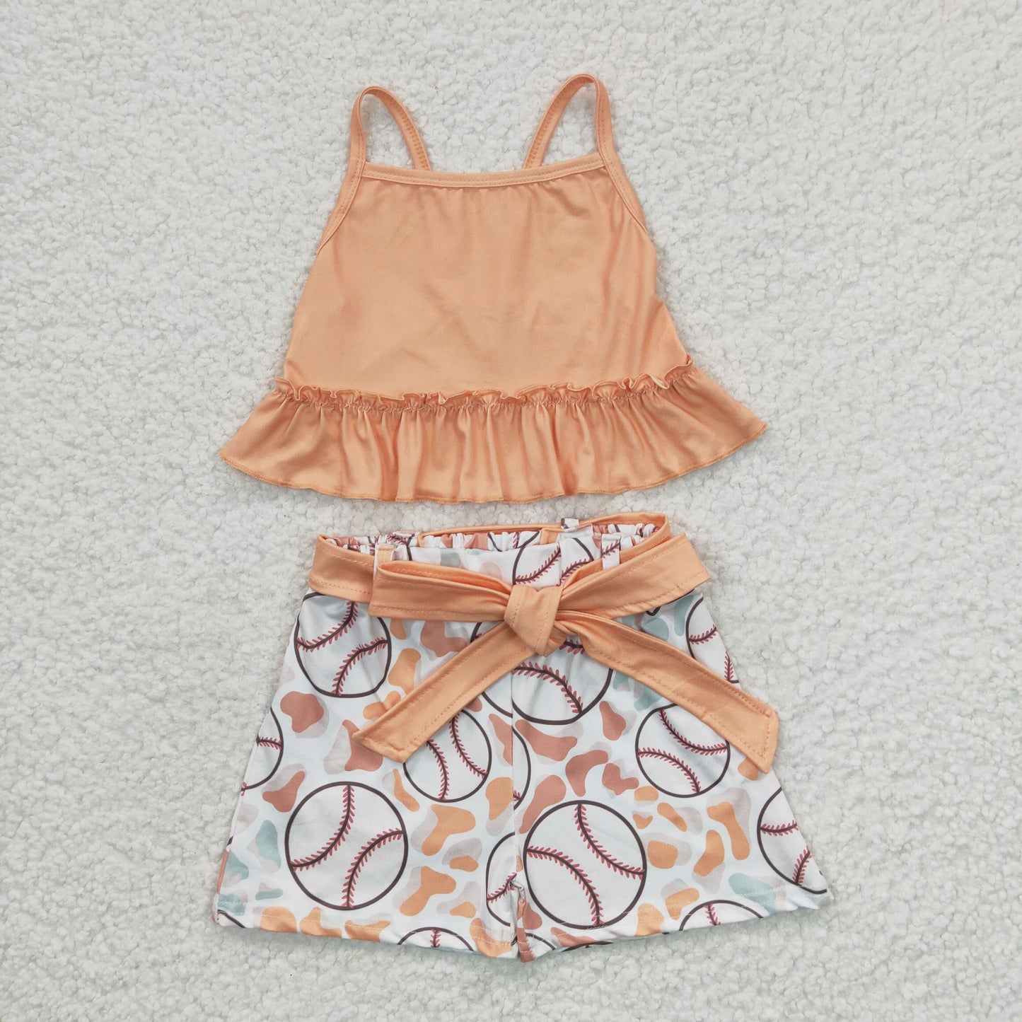 GSSO0172 Baby Girl Halter Top Baseball Belt Shorts Summer Outfit