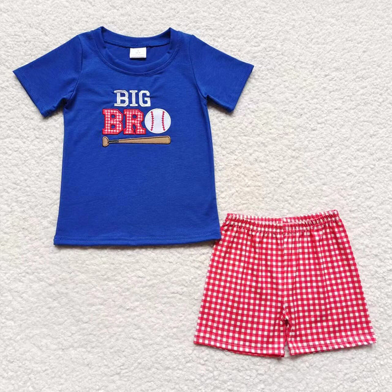 BSSO0203 Baby Boy Big Brother Baseball Summer Red Plaid Shorts Outfit