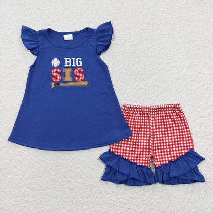 Baby Kids Big Brother Baseball Summer Red Plaid Shorts Matching Boy Girl Outfit