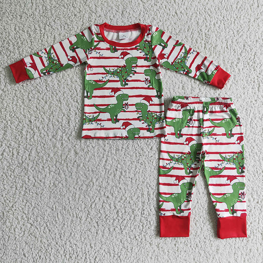 BLP0110 Baby Boy Kids Christmas Dinosaur Stripe Pajamas Outfit