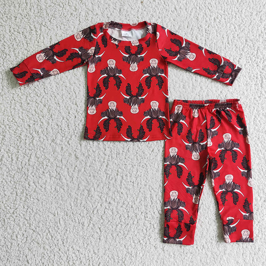 BLP0083 Baby Boy Christmas Highland Cow Kids Red Pajamas Set