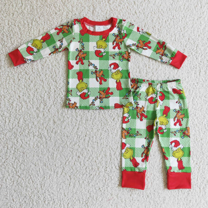 BLP0121 Green Plaid Kids Baby Boy Christmas Pajamas