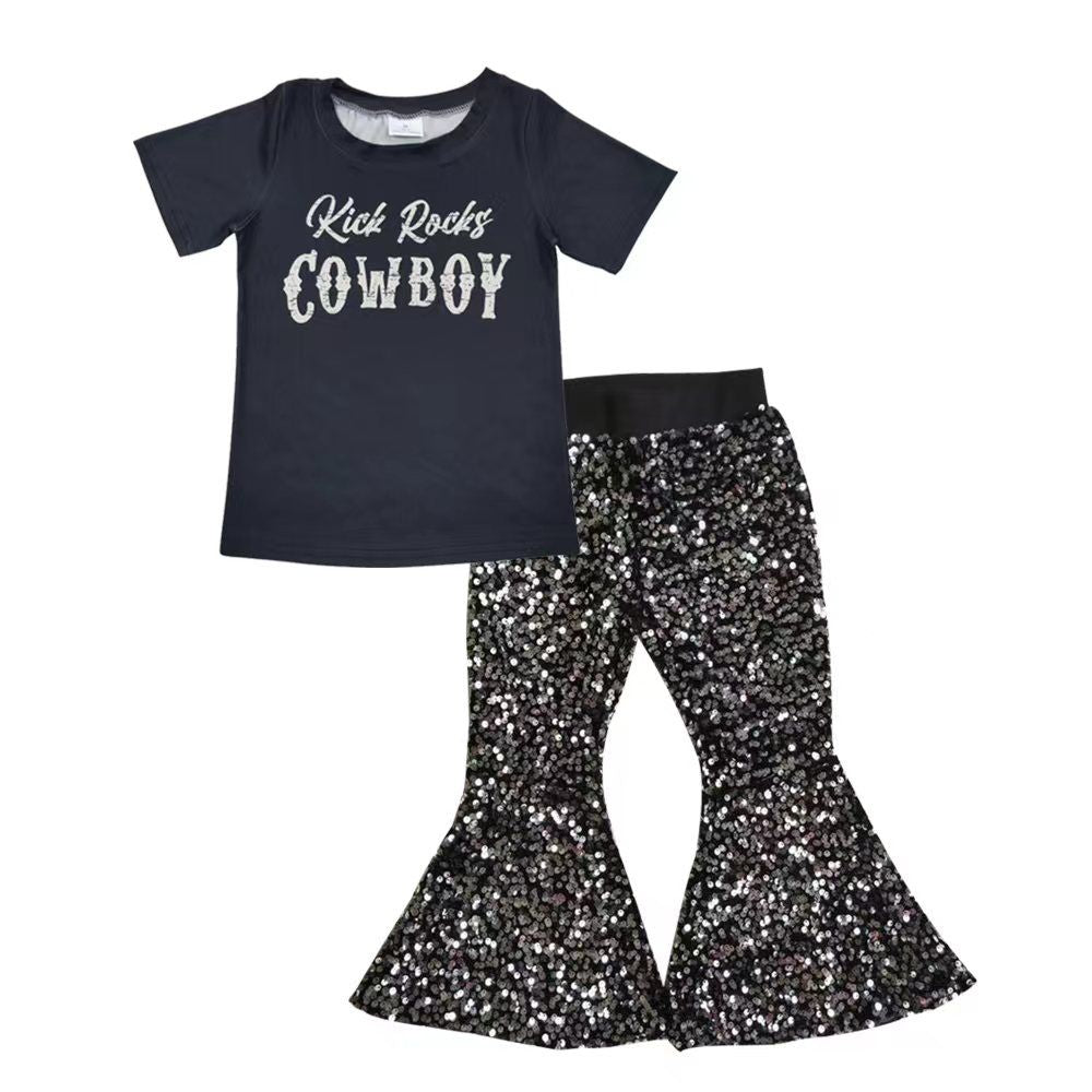 Baby Girl Kids Western Short Sleeves Black Shirt Sequins Pants Outfit